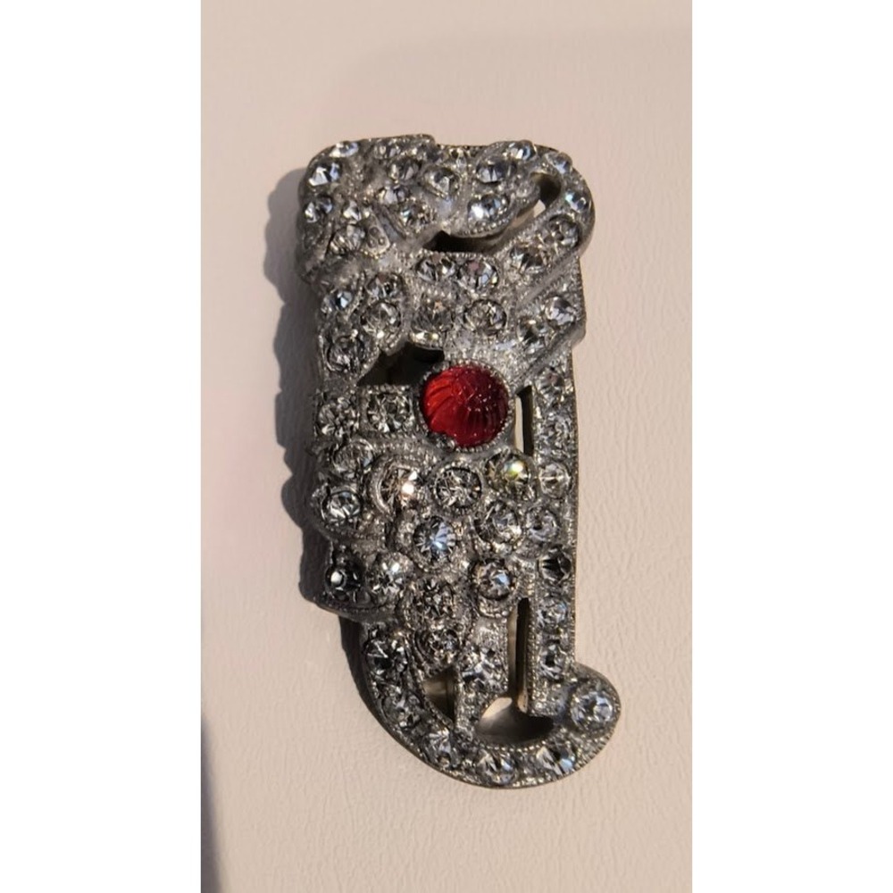 Vintage Art Deco Rhinestone and Red Cabochon‎ Dress Clip